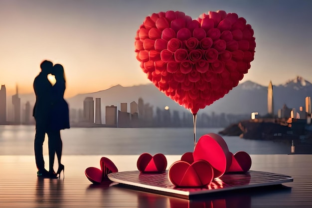 Een vrouw staat op een platform met ballonnen voor een hart dat liefde zegt.