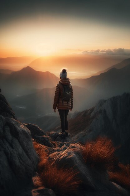 Een vrouw staat op een rots en kijkt naar de zonsondergang