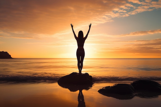 Een vrouw staat op een rots op het strand, omringd door de betoverende schoonheid van de natuur en geniet van de rust van de oceaan Vrouw doet yoga op het strand bij zonsopgang AI gegenereerd