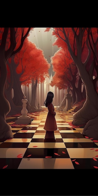 Een vrouw staat op een schaakbord in een bos.