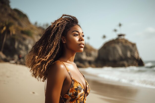 Een vrouw staat op een strand en kijkt naar de oceaan.