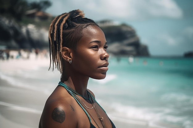 Een vrouw staat op een strand en kijkt naar de oceaan