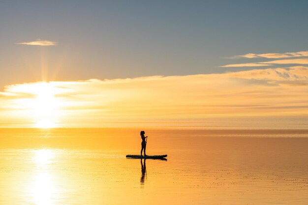 Een vrouw staat op een sup board met een peddel op het roeikanaal Actieve watersporten Een sexy vrouw is bezig met roeien tegen de achtergrond van een gele zonsondergang