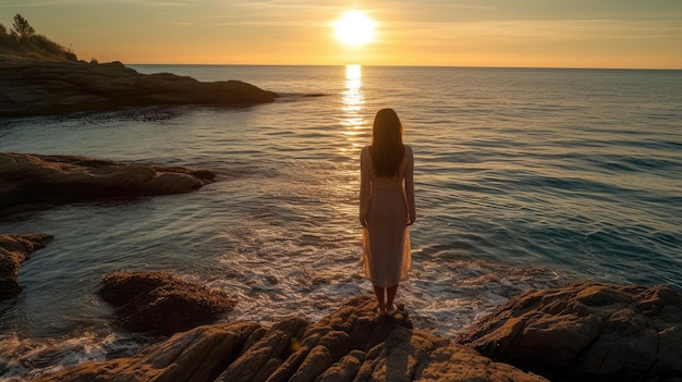 Een vrouw staat op het strand en kijkt naar de zon