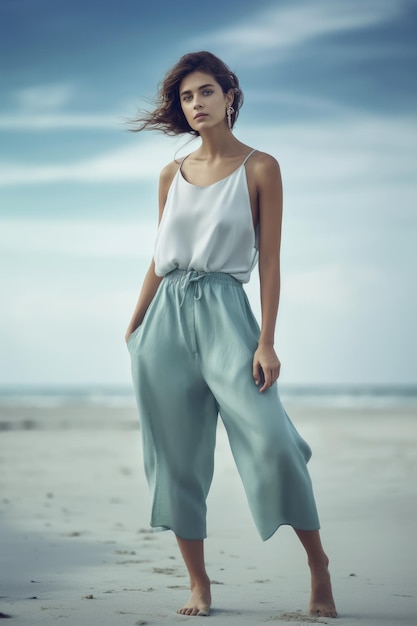 Een vrouw staat op het strand in een wit topje en een wit topje.