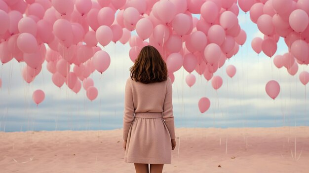 een vrouw staat op het strand met ballonnen in de lucht.