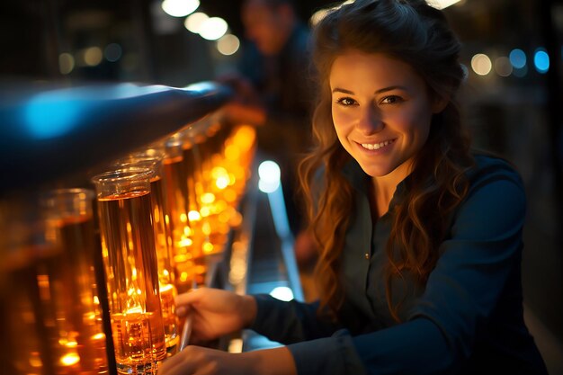 Een vrouw staat voor een bar vol met vele glazen alcohol.