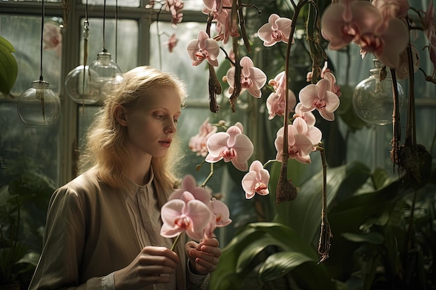 Foto een vrouw staat voor een bos bloemen