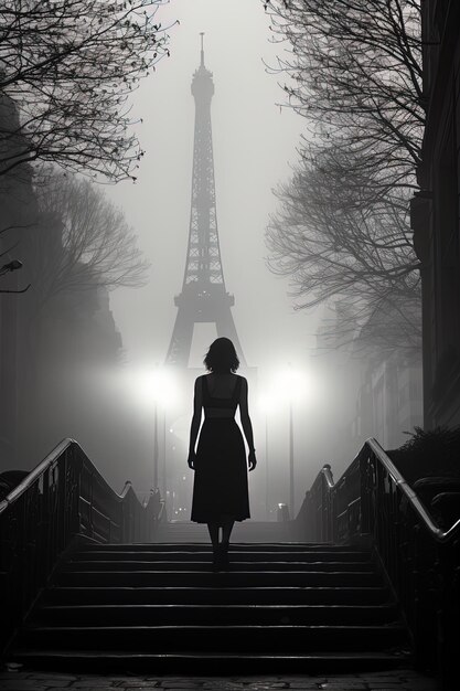 een vrouw staat voor een brug met de Eiffeltoren op de achtergrond