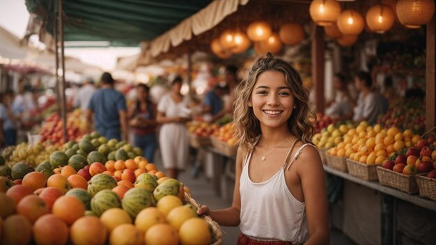 een vrouw staat voor een fruitkraam met ander fruit en groenten.