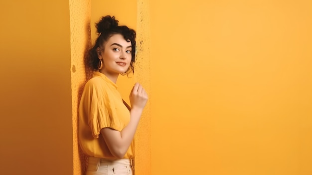 Een vrouw staat voor een gele muur met een gele achtergrond.