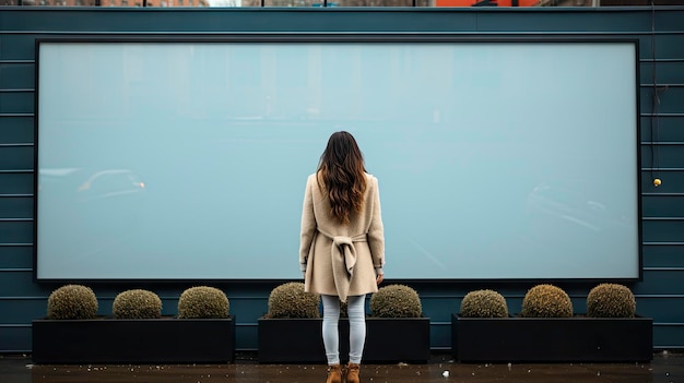 een vrouw staat voor een groot scherm waarop staat "de tijd van de dag".