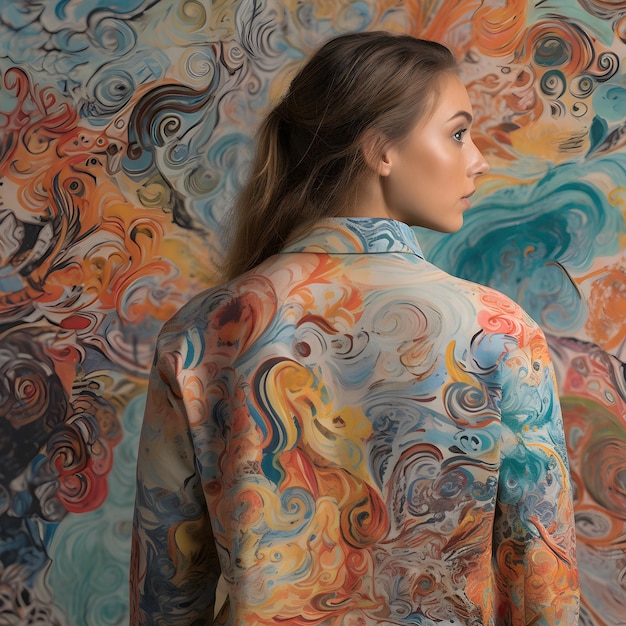 Een vrouw staat voor een kleurrijk schilderij waarop staat 'kunst op de achtergrond'