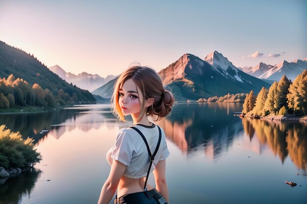 Een vrouw staat voor een meer met bergen op de achtergrond.