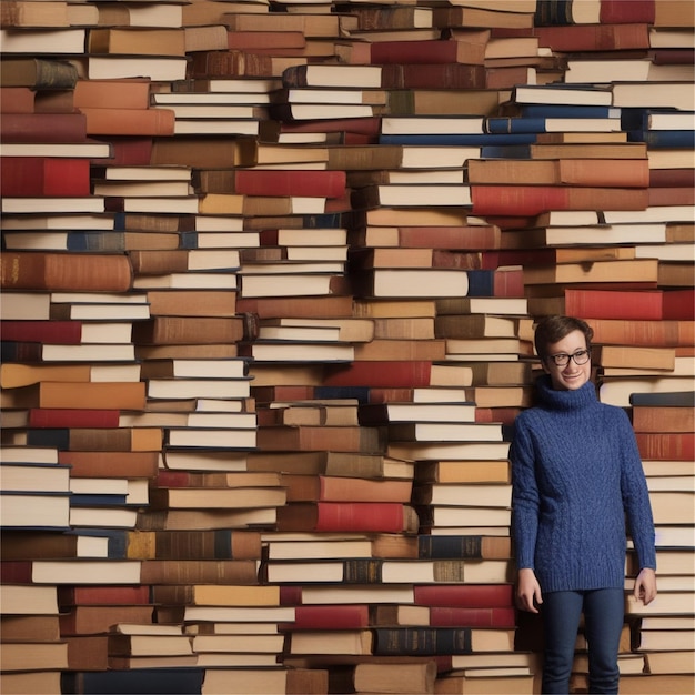 een vrouw staat voor een muur met boeken.