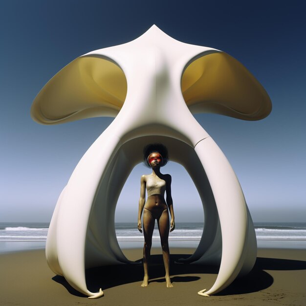 Een vrouw staat voor een paddenstoel sculptuur op een strand.
