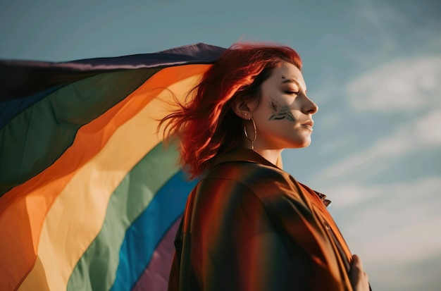 Een vrouw staat voor een regenboogvlag