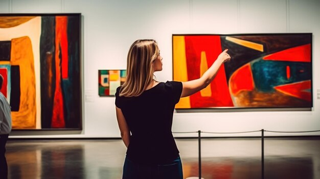 Een vrouw staat voor een schilderij in een museum