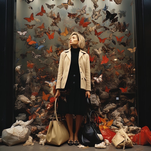 een vrouw staat voor een tentoonstelling van vlinders