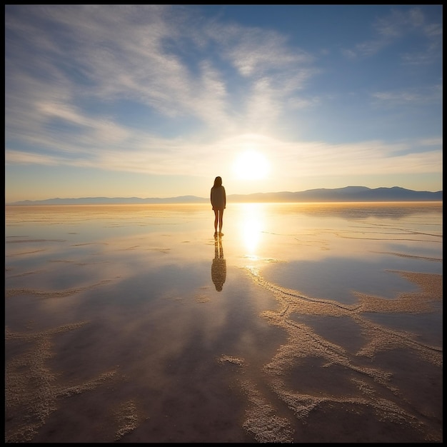 Foto een vrouw staat voor een watermassa waar de zon op schijnt