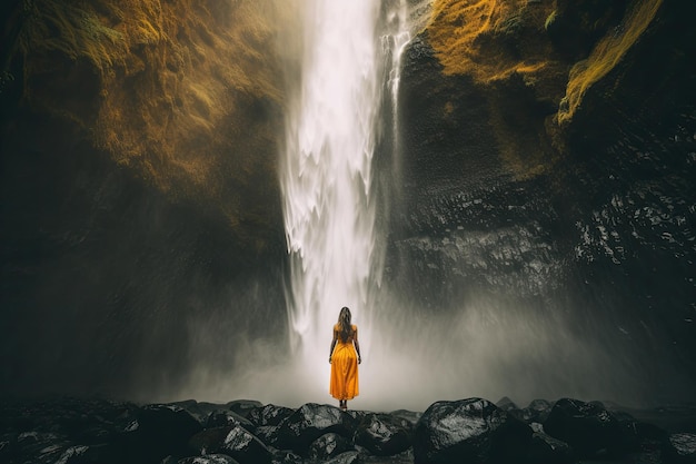 Een vrouw staat voor een waterval