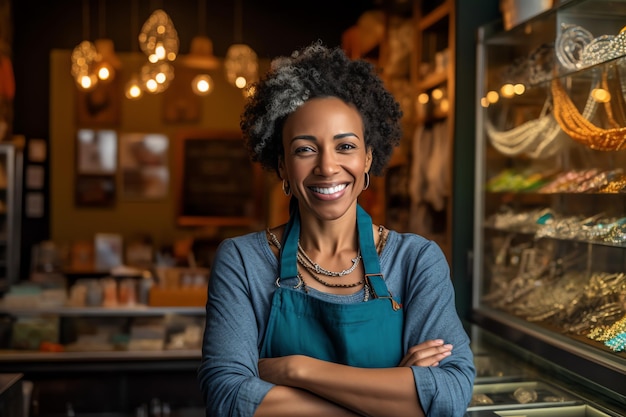 Een vrouw staat voor een winkel met een glimlach op haar gezicht.