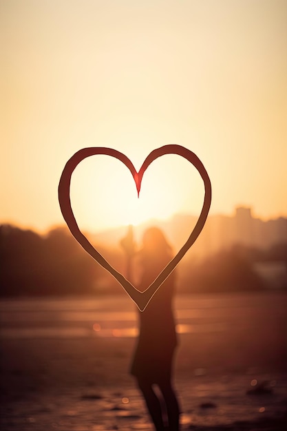 Een vrouw staat voor een zonsondergang en het woord liefde staat in het midden van het hart.