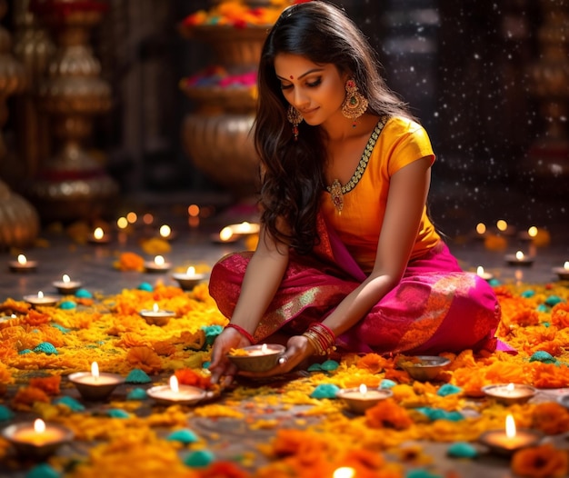 een vrouw steekt kaarsen aan in een tempel