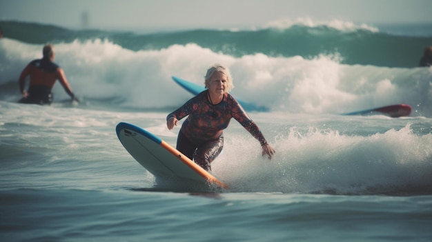 Een vrouw surft in de oceaan met een blauwe surfplank.