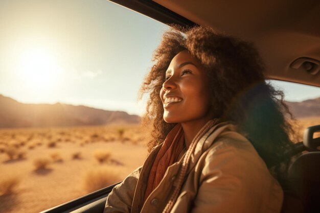 Foto een vrouw van afrikaanse afkomst op reis bewondert het woestijnlandschap door het raam