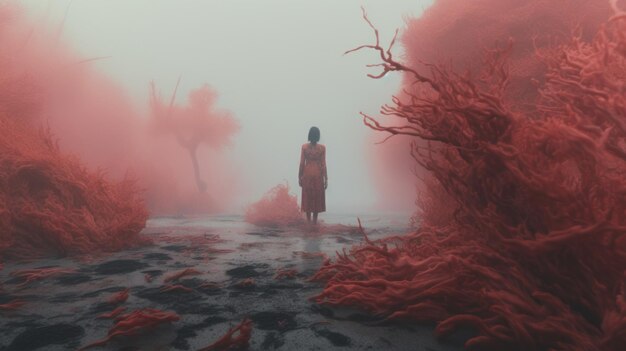 Foto een vrouw van een andere wereld die ronddwaalt in een rood bedekt landschap