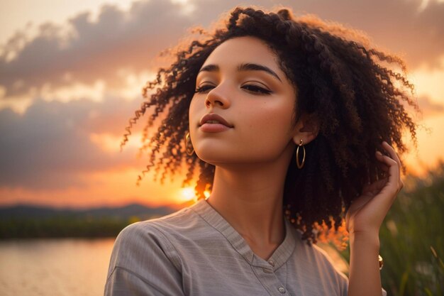 Een vrouw van gemengd ras ontspant en ademt frisse lucht in bij zonsondergang.