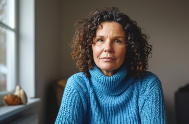 Een vrouw van middelbare leeftijd met krullend haar in een blauwe trui zit in een kamer.