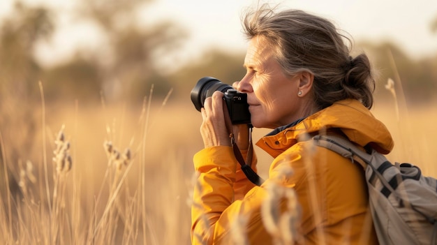 Foto een vrouw van middelbare leeftijd uit oceanië met een bedachtzame uitdrukking en een camera fotografeert wilde dieren in de outback van australië