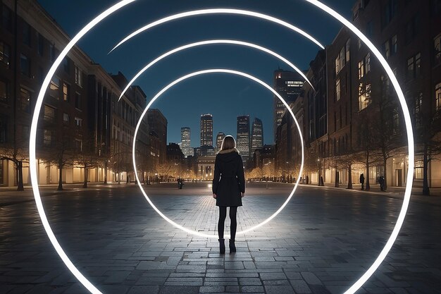 Een vrouw van volledige lengte die 's nachts voor een perfecte lichtcirkel in de stad staat