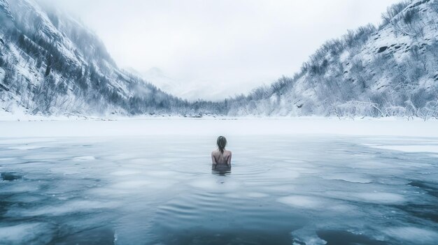 Een vrouw verhardt zich in een bevroren meer in de winter in een bergen natuur