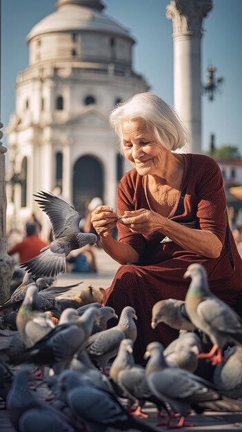 een vrouw voedt duiven met een vogel op de achtergrond