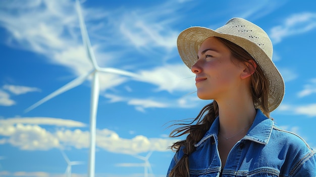 Een vrouw voor een windmolen met blauwe lucht op de achtergrond een concept van een hernieuwbare energiebron met ruimte voor tekst of product Generatieve AI