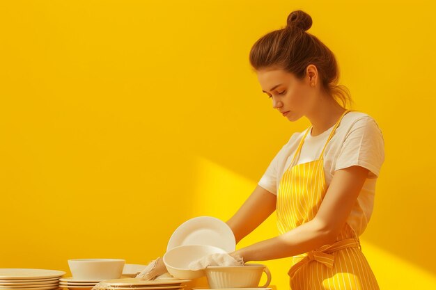Een vrouw wassert af in een gele keuken.