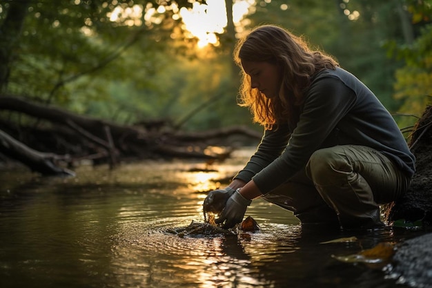 Een vrouw wast haar handen in een rivier met een fles water.