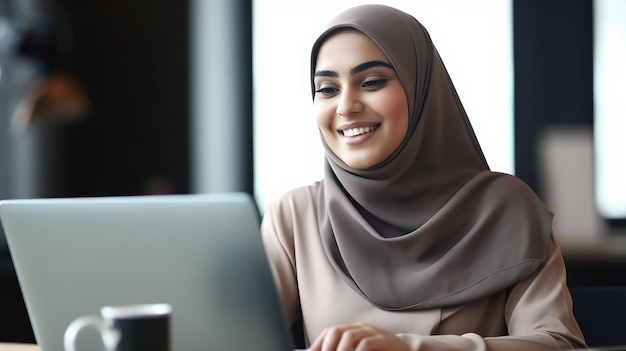 Een vrouw werkt aan een laptop en glimlacht.