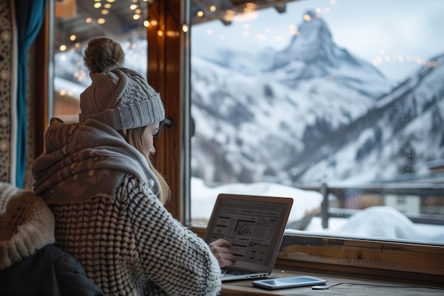 Een vrouw werkt aan een laptop vanuit een wintercafé in de bergen Generatieve AI