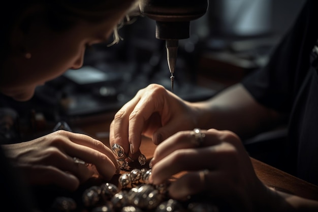 Een vrouw werkt aan een ring met een ring eraan