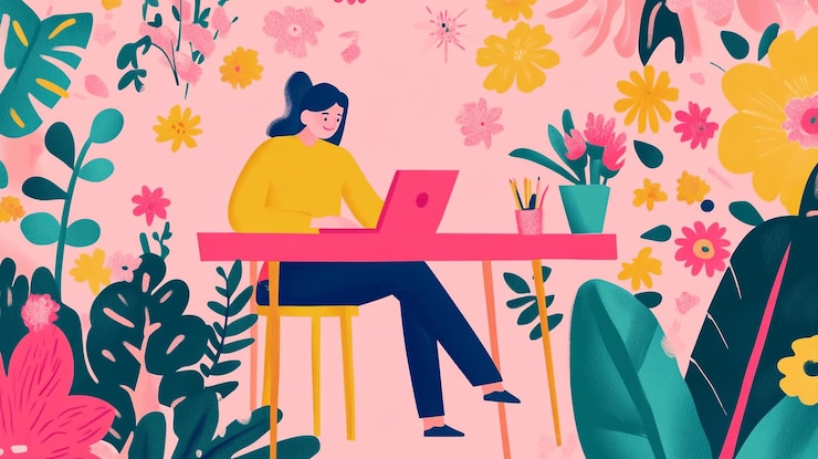 Foto een vrouw werkt aan een roze bureau in een levendige bloemenomgeving met planten en bloemen om haar heen