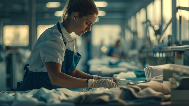 Een vrouw werkt in een fabriek met een blauwe schort en handschoenen.