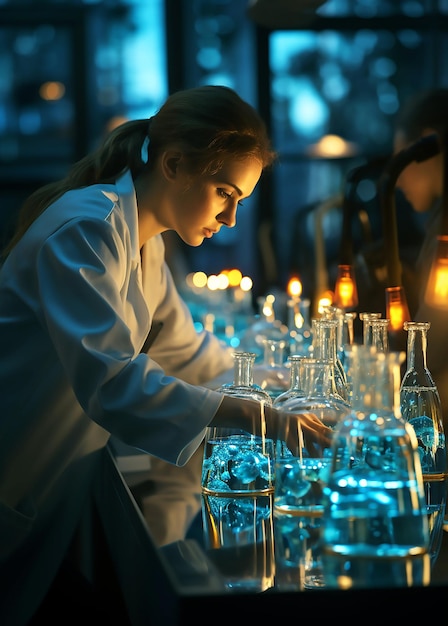 Een vrouw werkt in een laboratorium met veel glazen water.