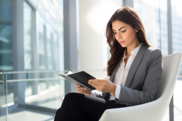 Een vrouw werkt met een tablet in een modern kantoor