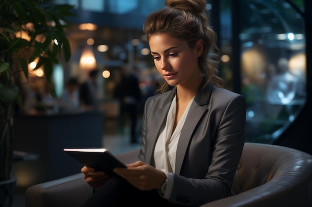 Een vrouw werkt met een tablet in een modern kantoor