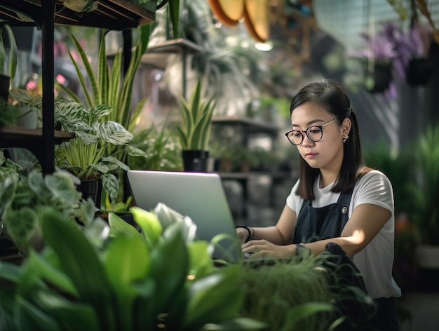 Een vrouw werkt op een laptop in een kas Generatieve AI
