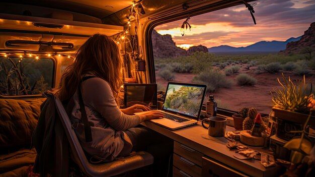 Foto een vrouw werkt op een laptop in een treinwagon.